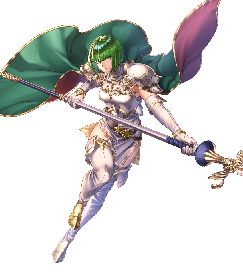 armor belt black_thighhighs boots breastplate closed_mouth dithorba_(fire_emblem) dress elbow_gloves female fire_emblem fire_emblem:_genealogy_of_the_holy_war fire_emblem_heroes full_body gloves gold_trim green_eyes green_hair high_heels highres holding holding_weapon leg_up non-web_source official_art polearm shiny_skin short_dress short_hair shoulder_armor sleeveless solo spear thigh_boots thighhighs thighs transparent_background turtleneck weapon white_dress white_footwear white_gloves yoneko_okome zettai_ryouiki