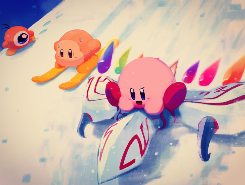 day dragoon_(kirby) frown happy highres kirby kirby_(series) kirby_air_ride mountain one-eyed open_mouth scenery skiing sky snow surprised suyasuyabi sweat sweatdrop waddle_dee waddle_doo