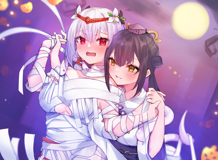 2girls absurdres black_footwear black_hair breasts brown_eyes brown_headwear commentary_request double_bun flower full_moon grey_hair hair_between_eyes hair_bun hair_flower hair_ornament hakase_fuyuki halloween hands_up hat highres holding_hands japanese_clothes kimono long_hair long_sleeves medium_breasts mini_hat moon multiple_girls mummy_costume nijisanji red_eyes tokin_hat twintails underboob v-shaped_eyebrows virtual_youtuber white_flower white_kimono wide_sleeves yamagami_karuta yayoi_asuka