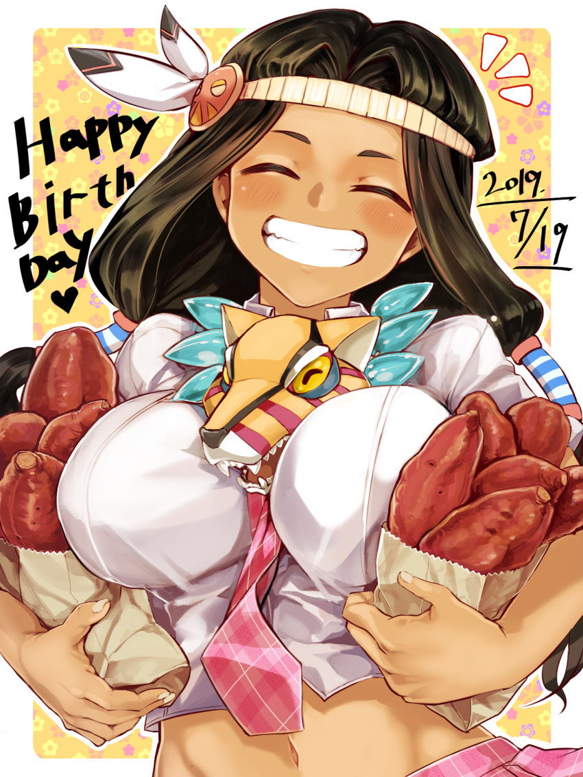 :d blush breasts brown_hair closed_eyes cropped_shirt dated facing_viewer feather_hair_ornament feathers female food grin hair_ornament hair_tubes happy_birthday headband highres holding komota_(kanyou_shoujo) large_breasts long_hair mask mask_around_neck matsuri_(senran_kagura) native_american navel necktie notice_lines pink_necktie pink_skirt senran_kagura senran_kagura_new_wave shirt skirt smile solo sweet_potato white_shirt