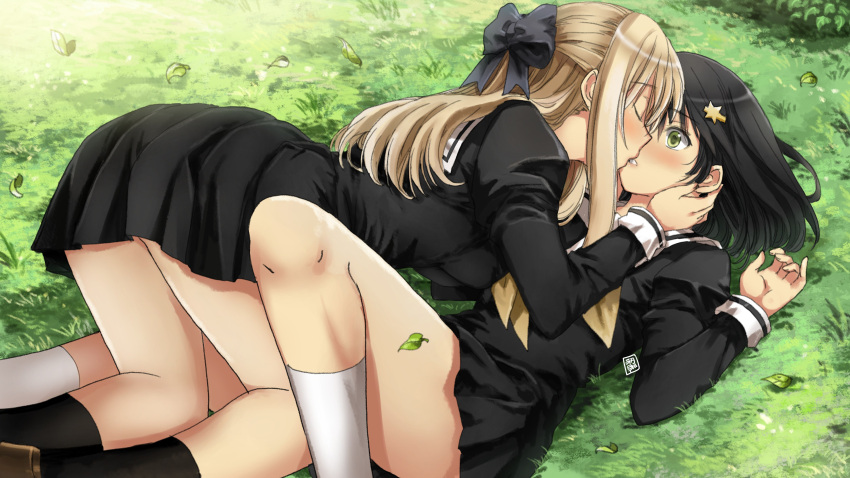 2girls absurdres bad_id bad_pixiv_id black_bow black_hair black_legwear black_serafuku blonde_hair blush bow closed_eyes commentary cowgirl_position english_commentary garimpeiro green_eyes hair_ornament hairbow hand_on_another's_face highres kissing long_hair medium_hair multiple_girls on_ground original school_uniform serafuku star_(symbol) star_hair_ornament surprised white_legwear wide-eyed yuri