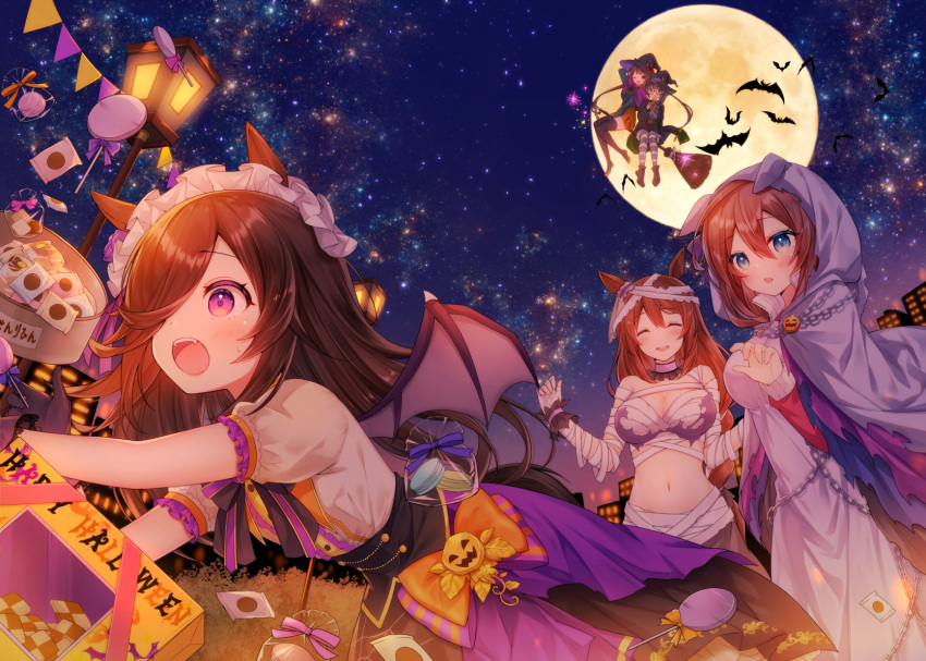 5girls :d ^_^ animal animal_ears bandaged_arm bandages bat_(animal) bat_wings black_footwear black_headwear black_jacket black_skirt black_thighhighs blue_eyes blush boots breasts broom broom_riding brown_hair brown_wings candy cleavage cloak closed_eyes commentary_request dress fake_animal_ears fangs food full_moon grey_cloak hair_between_eyes hair_over_one_eye halloween happy_halloween haruhitooo hat highres hood hood_up hooded_cloak horse_ears horse_girl horse_hood horse_tail jacket lamppost lollipop medium_breasts mihono_bourbon_(ghosty_and_the_magic_of_halloween)_(umamusume) mihono_bourbon_(umamusume) moon multiple_girls navel night night_sky open_clothes open_jacket open_mouth orange_skirt outdoors pennant pleated_skirt puffy_short_sleeves puffy_sleeves purple_eyes rice_shower_(make_up_vampire!)_(umamusume) rice_shower_(umamusume) shirt short_sleeves skirt sky smile star_(sky) starry_sky string_of_flags striped_clothes striped_thighhighs super_creek_(chiffon_ribbon_mummy)_(umamusume) super_creek_(umamusume) sweat sweep_tosho_(umamusume) tail thighhighs thighhighs_under_boots umamusume white_dress white_shirt wings witch_hat zenno_rob_roy_(magically_gifted_hero)_(umamusume) zenno_rob_roy_(umamusume)