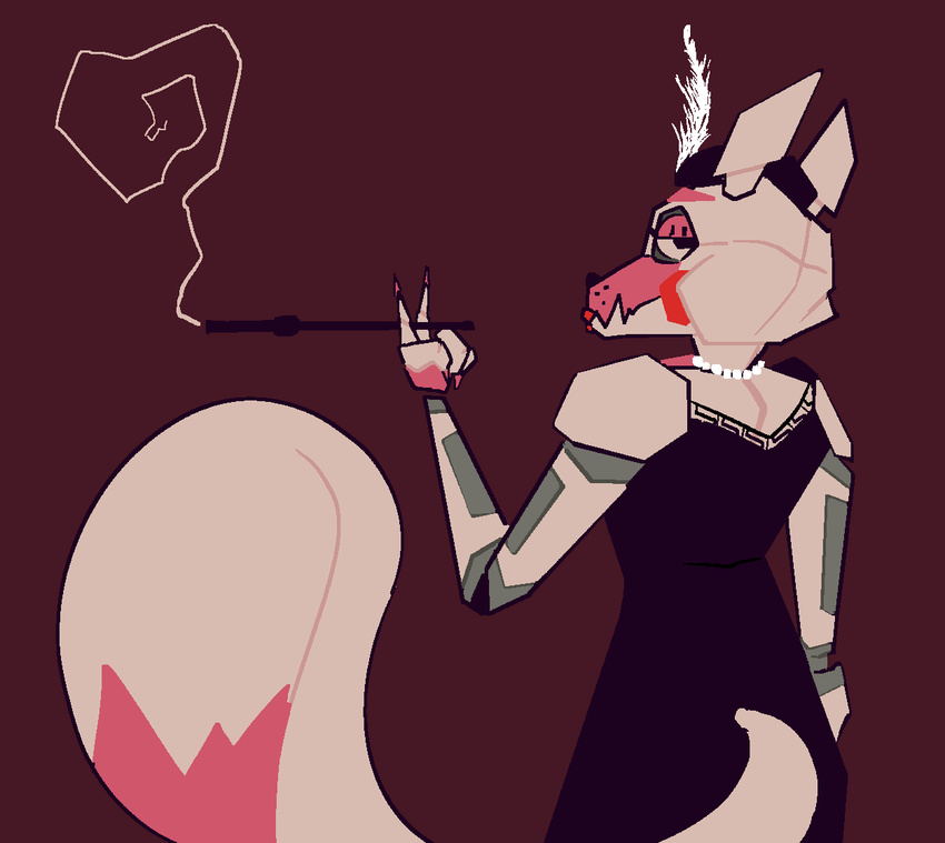 2023 animatronic anthro canid canine cigarette clothed clothing digital_media_(artwork) dress female fingers five_nights_at_freddy's fox funtime_foxy_(fnaf) gem gglloooopp hat headgear headwear jewelry lipstick looking_at_viewer looking_back machine makeup mammal necklace pearl_(gem) pearl_necklace pink_body rear_view robot scottgames smoking solo