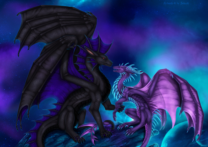 2022 claws detailed_background digital_media_(artwork) dragon duo european_mythology feral hi_res horn membrane_(anatomy) membranous_wings mythological_creature mythological_scalie mythology night outside scales scalie selianth sky spines star starry_sky tail western_dragon wings