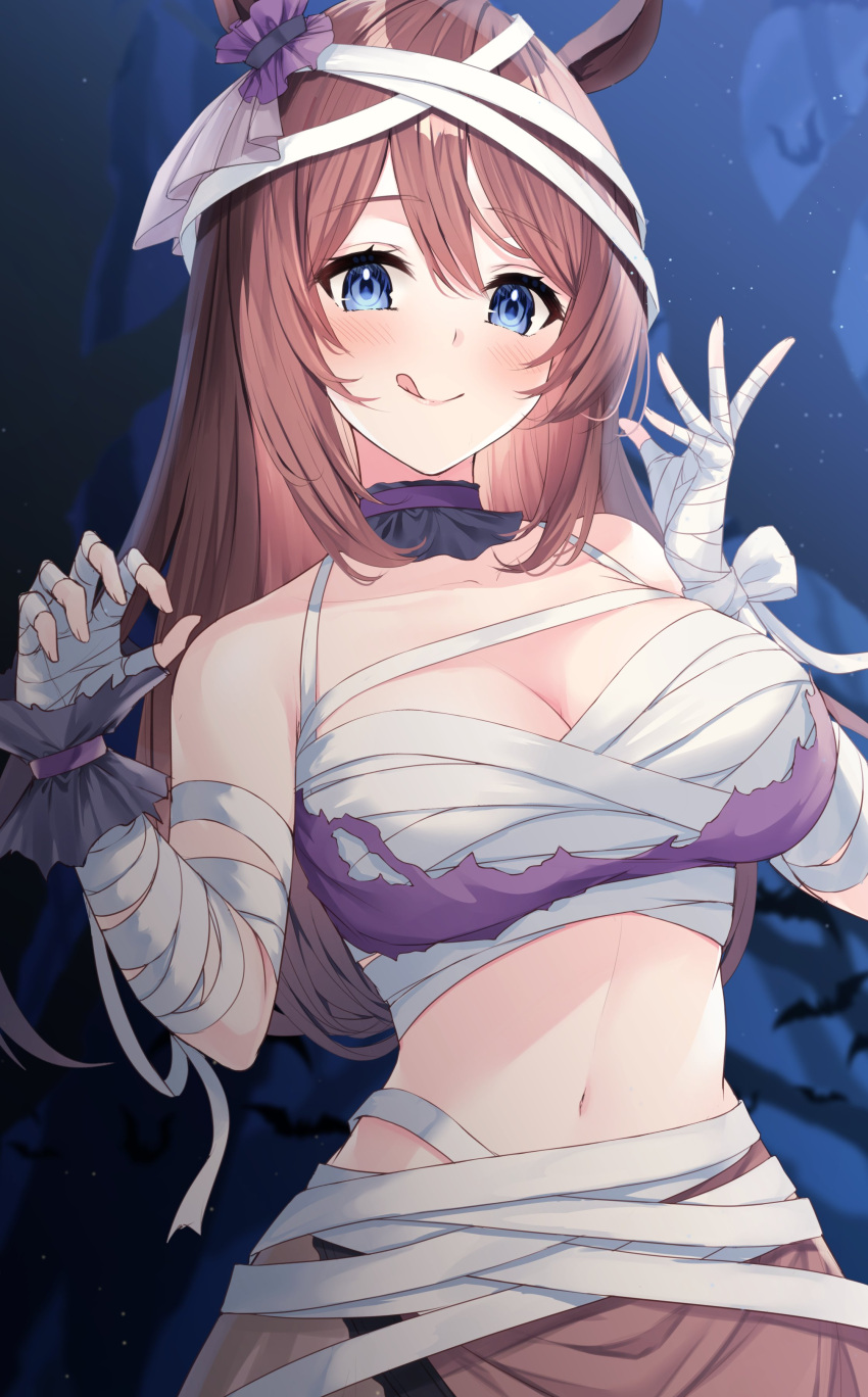 :d absurdres animal_ears bandaged_arm bandaged_hand bandaged_head bandages bat_(animal) blue_eyes blurry blurry_background blush breasts brown_hair brown_skirt choker cleavage closed_mouth commentary cowboy_shot female hands_up highres horse_ears horse_girl large_breasts long_hair looking_at_viewer navel primamiya skirt smile solo super_creek_(chiffon_ribbon_mummy)_(umamusume) super_creek_(umamusume) tongue tongue_out umamusume