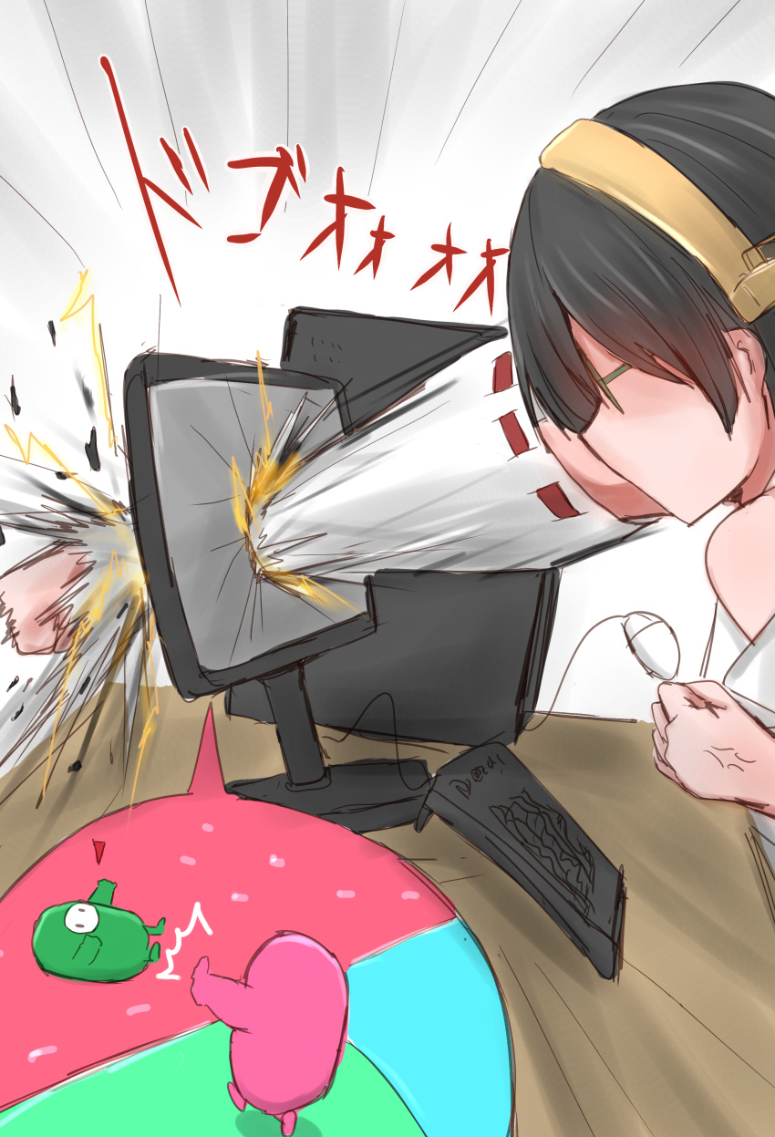 absurdres anger_vein black_hair clenched_hands commentary_request computer computer_keyboard computer_mouse cpu fall_guy fall_guys female from_side green-framed_eyewear hairband highres kamaboko_senshi kantai_collection kirishima_(kancolle) nontraditional_miko punching semi-rimless_eyewear short_hair solo upper_body