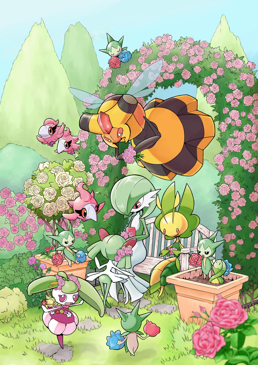 absurdres bench budew bush commentary_request day flower gardevoir grass highres kirlia leavanny outdoors pink_flower pokemon pokemon_(creature) q-chan roselia_(pokemon) sitting spritzee steenee vespiquen