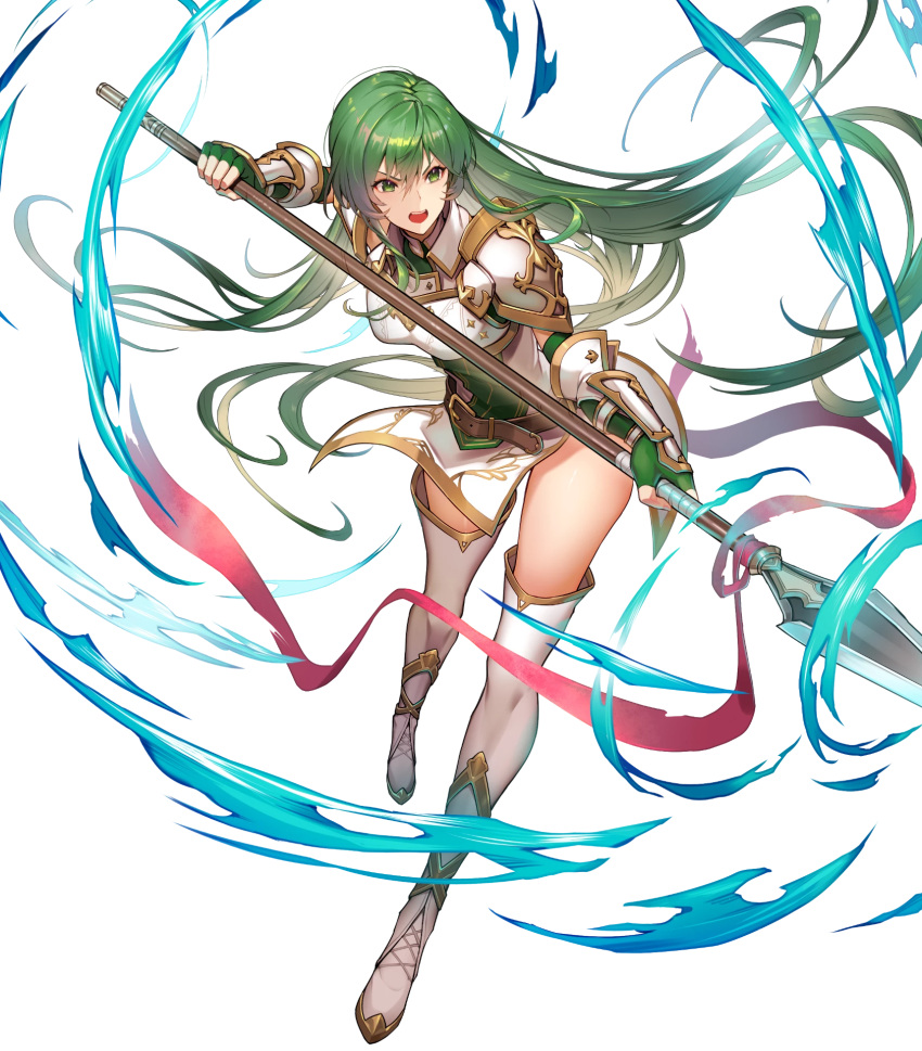 arm_guards armor belt boots breastplate brown_belt closed_mouth dress elbow_gloves erinys_(fire_emblem) female fingerless_gloves fire_emblem fire_emblem:_genealogy_of_the_holy_war fire_emblem_heroes full_body gloves green_eyes green_gloves green_hair highres holding holding_weapon kakage long_hair non-web_source official_art open_mouth polearm short_dress shoulder_armor sleeveless spear thigh_boots thighhighs thighs transparent_background weapon white_dress white_footwear zettai_ryouiki