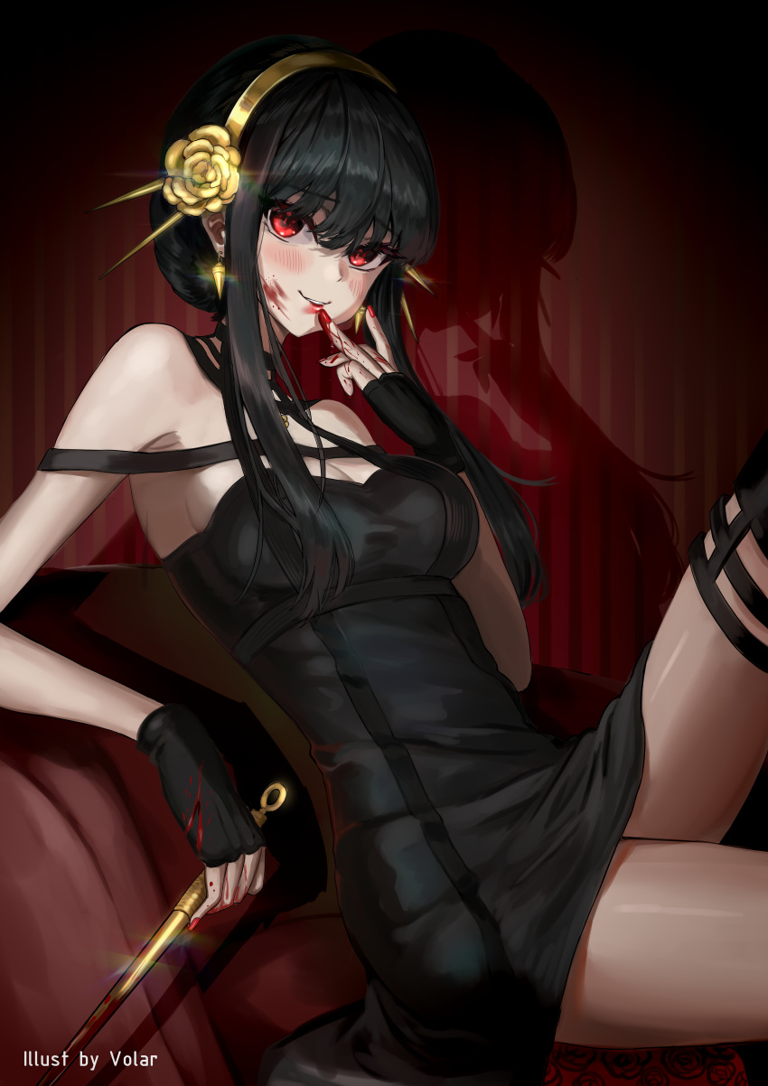 absurdres bare_shoulders black_dress black_gloves black_hair black_thighhighs blood blood_on_face blood_on_hands blood_on_weapon blush breasts dagger dress earrings elbow_rest female fingerless_gloves floral_print flower gloves gold_earrings gold_hairband hair_between_eyes hair_flower hair_ornament hairband hand_up highres holding holding_dagger holding_knife holding_weapon jewelry knee_up knife long_hair looking_at_viewer medium_breasts red_eyes red_nails rose rose_print shadow sidelocks sitting solo spikes spy_x_family thighhighs thighs two-sided_dress two-sided_fabric volar_uwu weapon yor_briar