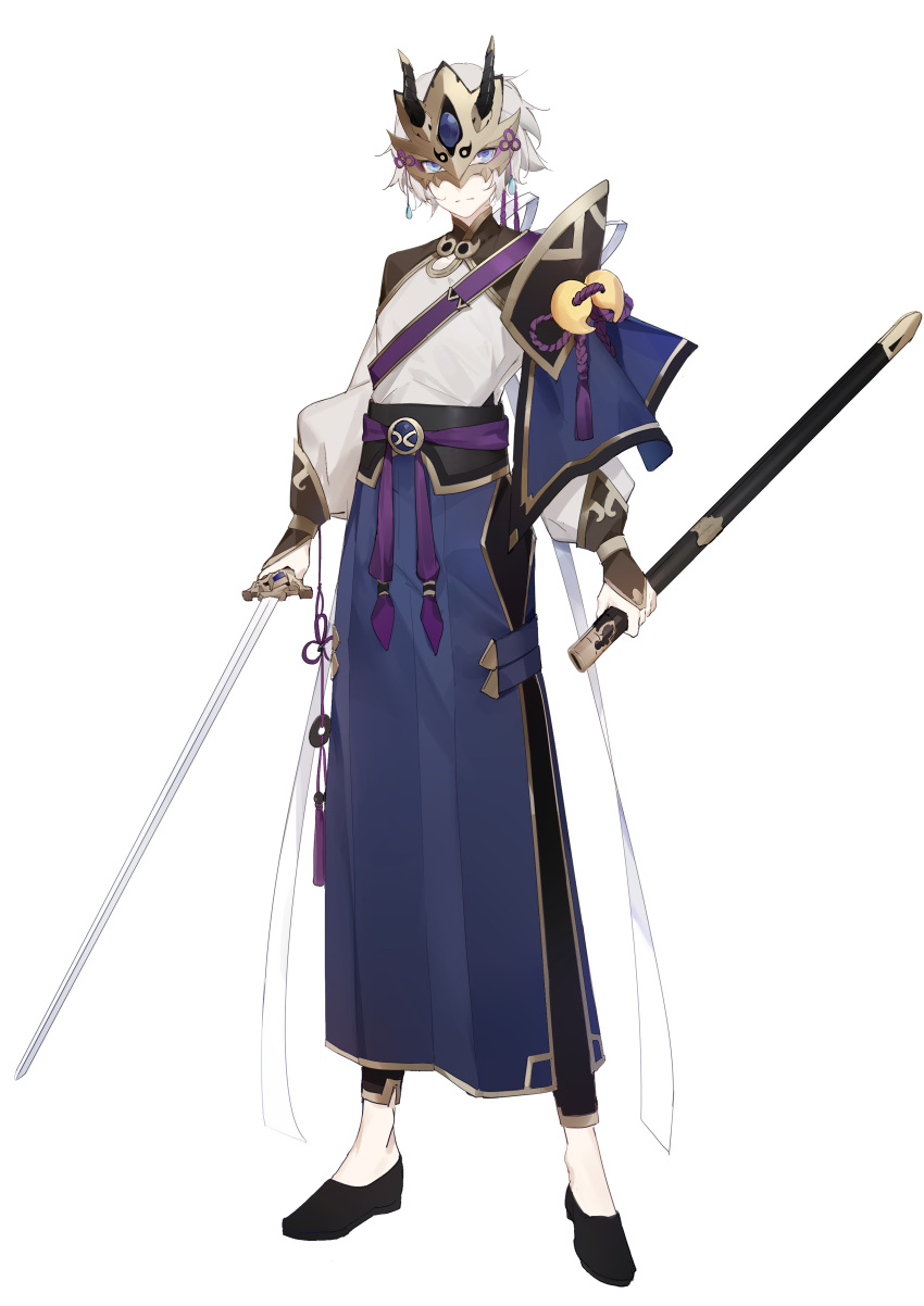 1boy absurdres black_pants blue_eyes chinese_commentary commentary fate/grand_order fate_(series) full_body grey_hair highres holding holding_sword holding_weapon horned_mask long_sleeves looking_at_viewer luozhou_pile magatama male_focus mask pants prince_of_lan_ling_(fate) sheath simple_background solo standing sword weapon white_background