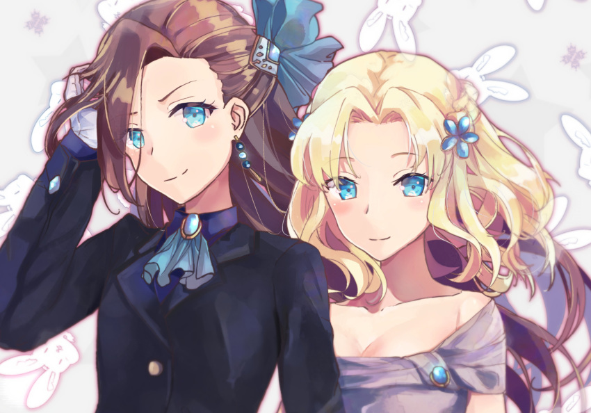 2girls blonde_hair blue_bow blue_eyes bow brown_hair commentary dress gloves hairbow highres himeyamato jewelry katarina_claes long_hair looking_at_viewer maria_campbell multiple_girls otome_game_no_hametsu_flag_shika_nai_akuyaku_reijou_ni_tensei_shite_shimatta self-upload