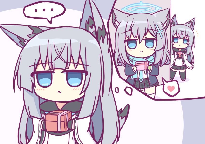 ... 2girls animal_ears azur_lane black_gloves black_thighhighs blue_archive blue_eyes blue_jacket blue_neckwear blue_scarf box chibi commentary cross_hair_ornament crossed_bangs crossover dated_commentary gift gift_box gloves grey_hair hair_ornament halo heart holding holding_box jacket kashimu kawakaze_(azur_lane) long_hair miniskirt multiple_girls pleated_skirt scarf school_uniform shiroko_(blue_archive) skirt spoken_ellipsis spoken_heart tail thighhighs thought_bubble valentine wide_sleeves wolf_ears zettai_ryouiki