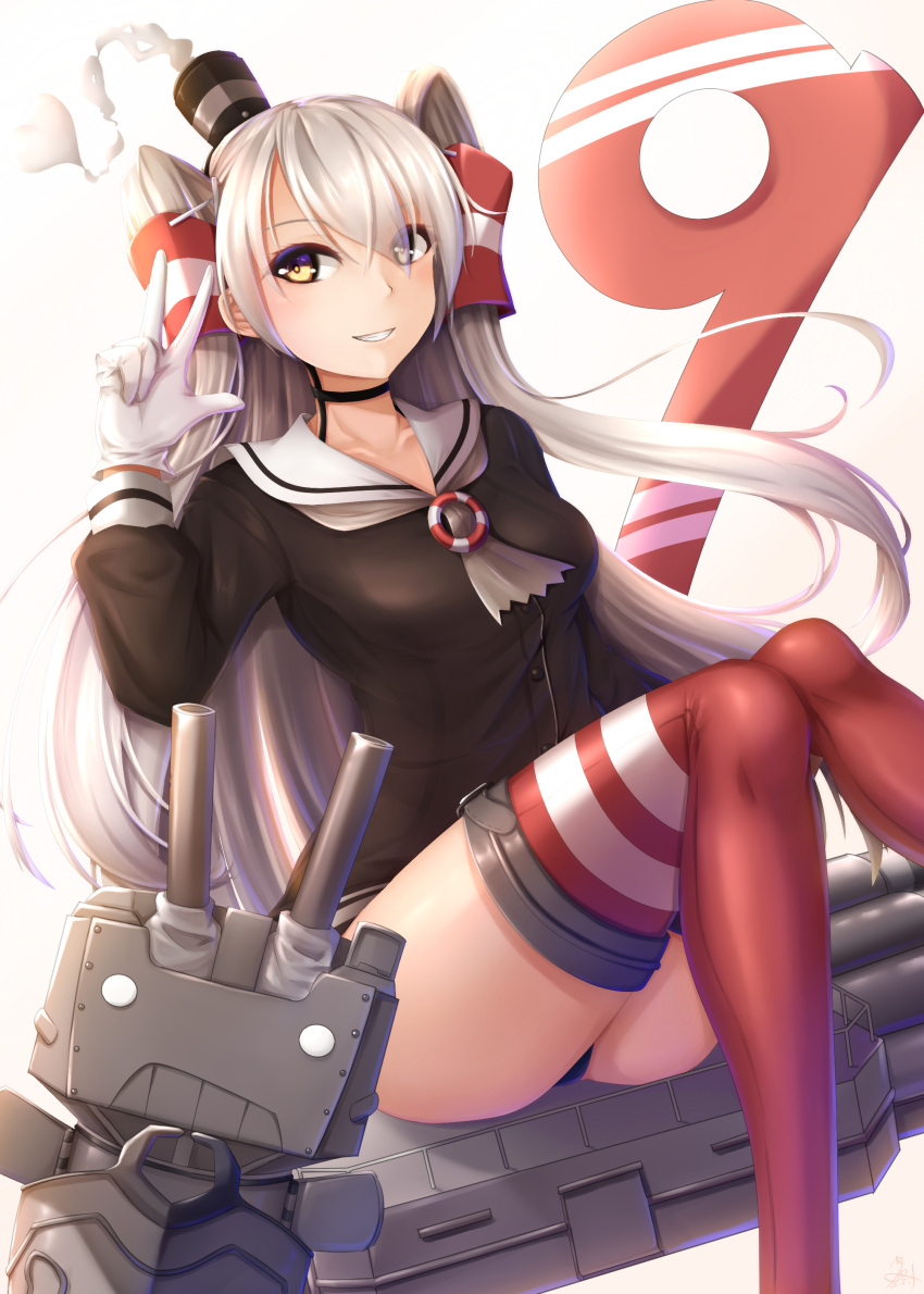 absurdres amatsukaze_(kancolle) breasts brown_dress dress female gloves grey_neckerchief hair_tubes hat highres kantai_collection lifebuoy_ornament long_hair long_sleeves mini_hat neckerchief red_legwear rensouhou-kun sailor_dress seiya_(iiseven) short_dress sitting small_breasts smokestack_hair_ornament striped_clothes striped_thighhighs thighhighs two_side_up white_gloves white_hair