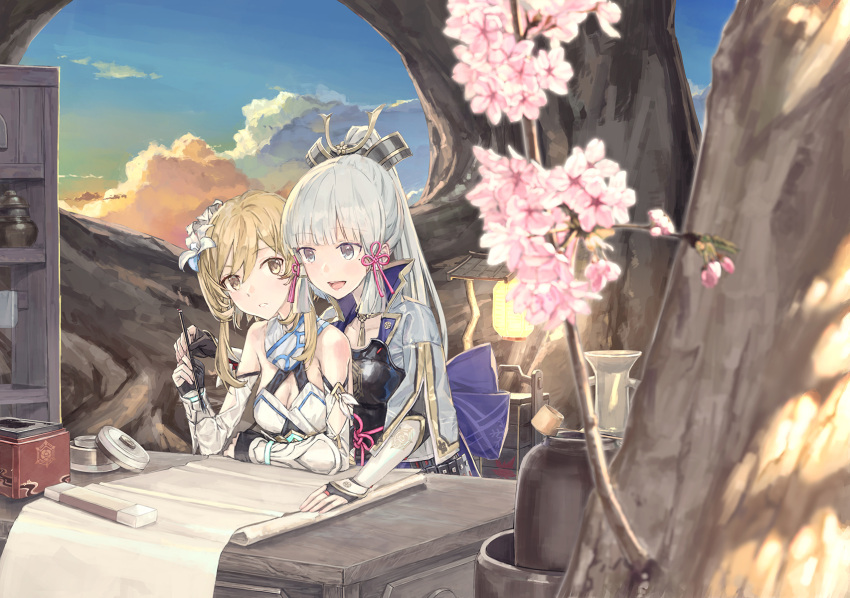 2girls 54cr :d arm_guards armor blunt_bangs blurry breastplate breasts brown_eyes calligraphy_brush cherry_blossoms chinese_commentary choker cleavage cloud cloudy_sky commentary depth_of_field detached_sleeves dress flower genshin_impact grey_eyes grey_hair hair_between_eyes hair_flower hair_ornament hair_ribbon highres holding holding_brush japanese_clothes kamisato_ayaka light_brown_hair long_hair long_sleeves looking_at_another looking_away lumine_(genshin_impact) multiple_girls paintbrush paper ponytail pot ribbon scarf short_hair short_hair_with_long_locks short_sleeves sidelocks sky smile tree tress_ribbon twilight white_dress white_scarf