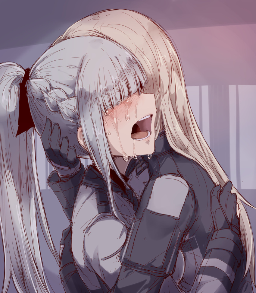 2girls ak-12_(girls'_frontline) an-94_(girls'_frontline) black_gloves blunt_bangs braid closed_eyes comforting commentary_request crying d: from_side furrowed_brow girls'_frontline gloves grey_hair hair_over_eyes hand_on_another's_head highres hourai_kochou hug jacket long_hair long_sleeves multiple_girls open_mouth painttool_sai_(medium) ponytail sad sobbing tears teeth upper_body