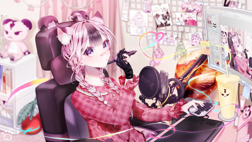 absurdres animal_ears artist_glove bandaid bandaid_on_face bandaid_on_nose braid cat_ears computer dear:_(utaite) drawing drawing_tablet female gloves highres indie_utaite indie_virtual_youtuber microphone multicolored_hair partially_fingerless_gloves pink_hair plaid plaid_shirt purple_eyes recursion shirt streaked_hair stylus twin_braids utaite virtual_youtuber xoco xoco_(vtuber)