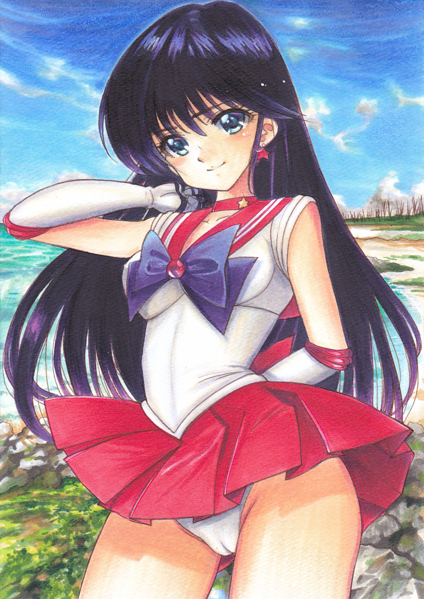 back_bow bishoujo_senshi_sailor_moon black_hair blue_eyes bow earrings female highres hino_rei jewelry leotard leotard_peek looking_at_viewer magical_girl marker_(medium) mechanical_pencil panties pencil red_sailor_collar sailor_collar sailor_mars sailor_senshi_uniform skirt solo tomoeri traditional_media underwear upskirt