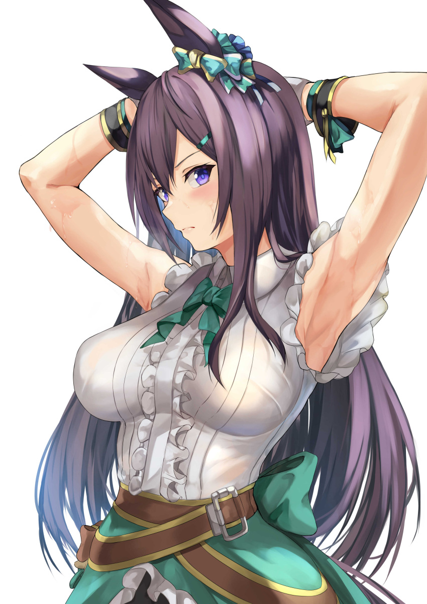 absurdres animal_ears armpits arms_behind_head back_bow belt blush bow bowtie breasts brown_hair closed_mouth cowboy_shot female frilled_skirt frills green_bow green_bowtie green_skirt grey_shirt highres horse_ears horse_girl large_breasts long_hair looking_at_viewer mejiro_dober_(umamusume) purple_eyes shirt simple_background skirt sleeveless sleeveless_shirt solo sweat uchida_shou umamusume v-shaped_eyebrows very_long_hair white_background