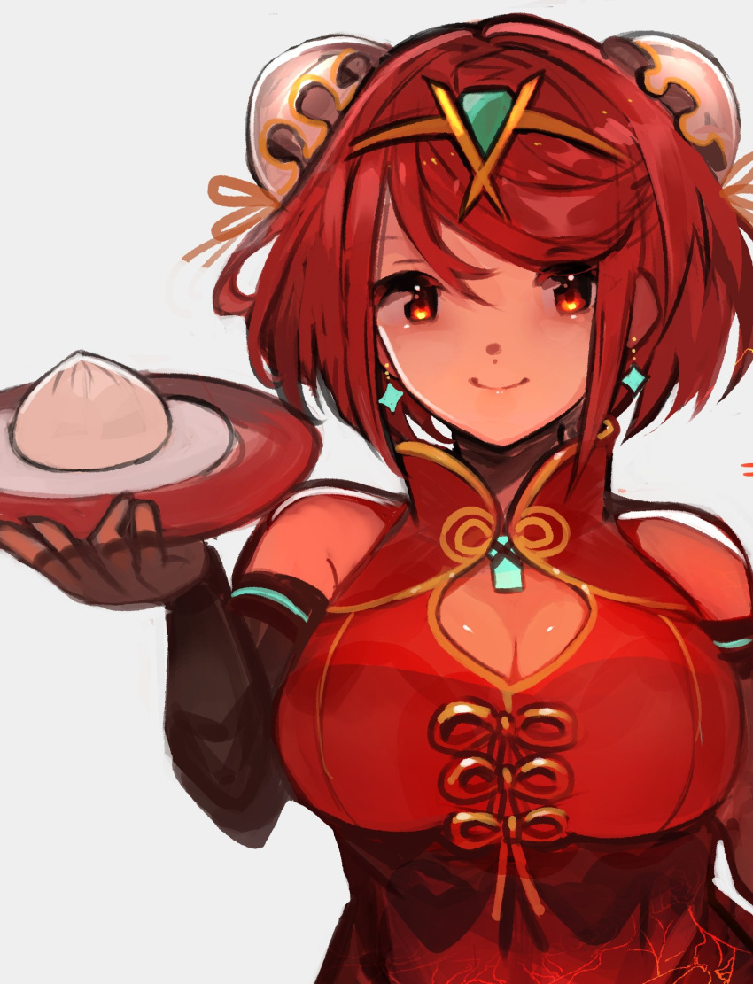 breasts bun_cover chest_jewel china_dress chinese_clothes cleavage cleavage_cutout clothing_cutout dress female highres large_breasts pyra_(xenoblade) red_eyes red_hair short_hair swept_bangs tarbo_(exxxpiation) xenoblade_chronicles_(series) xenoblade_chronicles_2