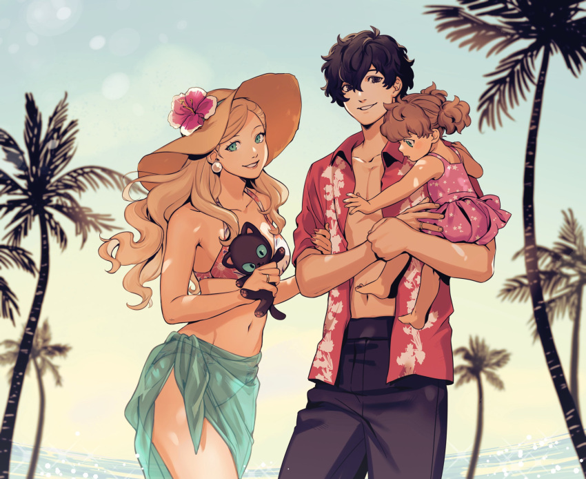 1boy 2girls amamiya_ren aqua_eyes bad_id bad_twitter_id beach bikini black_eyes black_hair blonde_hair breasts brown_hair commentary commission day earrings english_commentary family father_and_daughter flower hat hat_flower hawaiian_shirt hibiscus highres holding if_they_mated jewelry lolicon long_hair male_swimwear mother_and_daughter multiple_girls neekosiah open_clothes open_shirt outdoors palm_tree persona persona_5 red_shirt sarong shirt straight stuffed_animal stuffed_cat stuffed_toy sun_hat swim_trunks swimsuit takamaki_anne tree