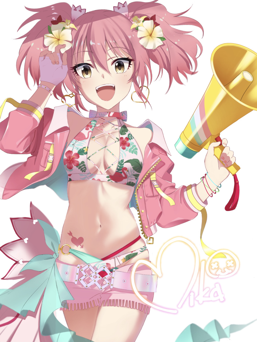 absurdres bare_shoulders collarbone female highres idolmaster idolmaster_cinderella_girls jacket jougasaki_mika long_sleeves nail_polish navel open_clothes open_jacket pink_hair pink_jacket solo swimsuit tattoo vivid_(key) white_background yellow_eyes