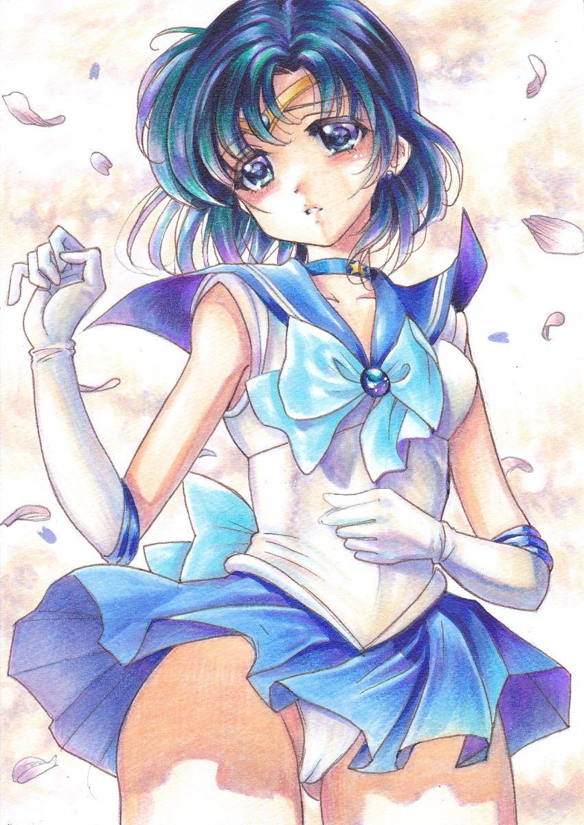 ass_visible_through_thighs bishoujo_senshi_sailor_moon blue_eyes blue_hair blush bow cameltoe choker collarbone cowboy_shot elbow_gloves female gloves graphite_(medium) highres leotard leotard_peek magical_girl marker_(medium) mizuno_ami panties parted_lips petals sailor_collar sailor_mercury sailor_senshi_uniform short_hair solo thigh_gap thighs tomoeri traditional_media underwear upskirt