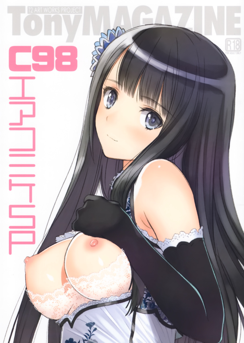 absurdres bare_shoulders black_hair bra breast_cutout breasts dress elbow_gloves female flower gloves hair_flower hair_ornament highres large_breasts long_hair looking_at_viewer looking_to_the_side nipples original ping-yi_(tony_taka) scan small_nipples solo straight_hair tony_taka underwear