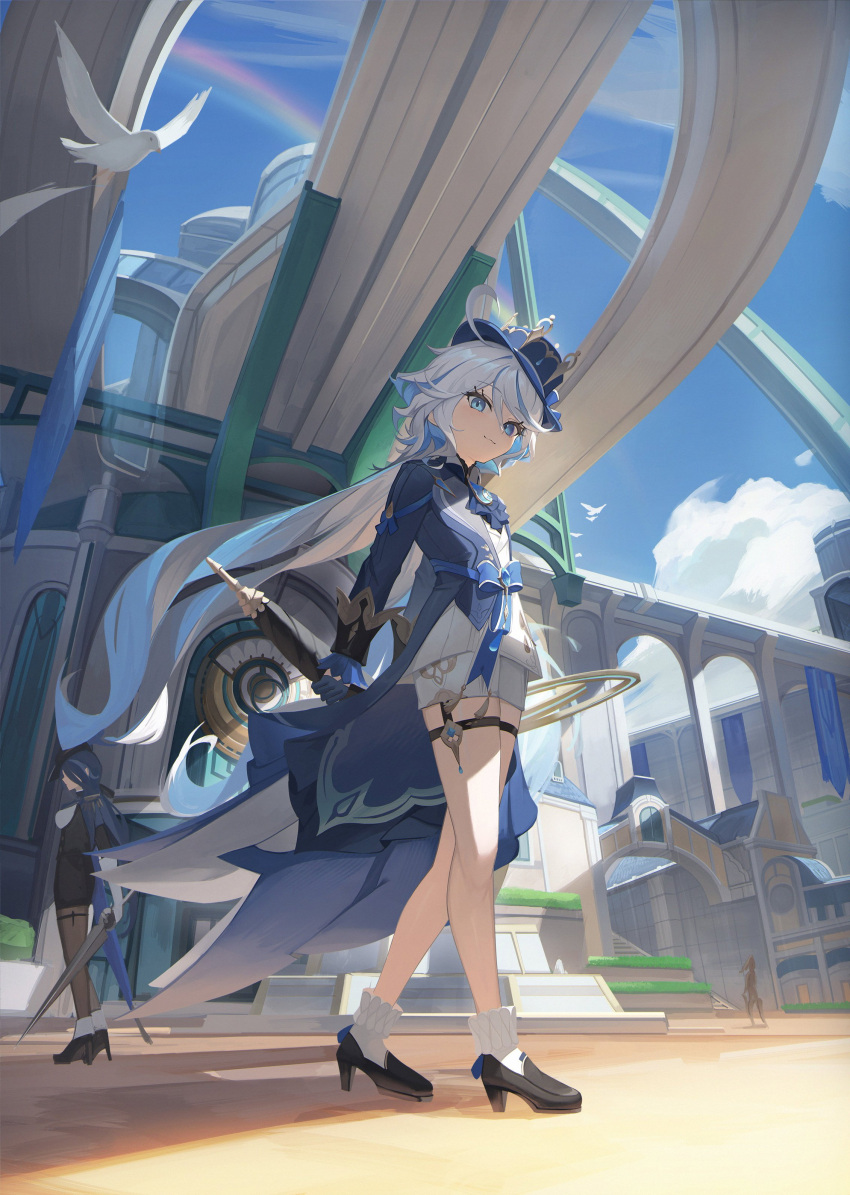 2girls absurdres ahoge ascot bird black_gloves blue_eyes blue_gloves blue_headwear blue_jacket blue_sky clorinde_(genshin_impact) cloud cloudy_sky day eruthika full_body furina_(genshin_impact) genshin_impact gloves hat highres holding holding_sword holding_weapon jacket long_hair long_sleeves looking_at_viewer multicolored_hair multiple_girls outdoors shorts sky smile solo_focus sword top_hat weapon white_hair white_shorts