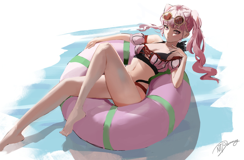 alternate_costume barefoot bikini breasts cleavage closed_mouth collarbone eyewear_on_head female fire_emblem fire_emblem:_three_houses fire_emblem_heroes hilda_valentine_goneril hilda_valentine_goneril_(summer) innertube long_hair looking_at_viewer medium_breasts multi-strapped_bikini navel ntdanny official_alternate_costume pink_bikesuit pink_bikini pink_eyes pink_hair red-tinted_eyewear red_bikini relaxing round_eyewear signature solo striped_bikini striped_clothes sunglasses swim_ring swimsuit tinted_eyewear twintails vertical-striped_bikini vertical-striped_clothes yellow-framed_eyewear