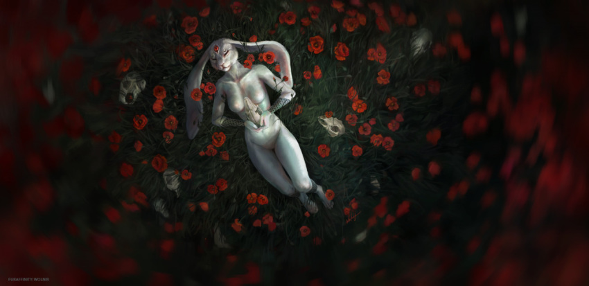 2022 breasts detailed_background digital_media_(artwork) female fingers grass lagomorph leporid mammal night outside plant rabbit solo wolnir