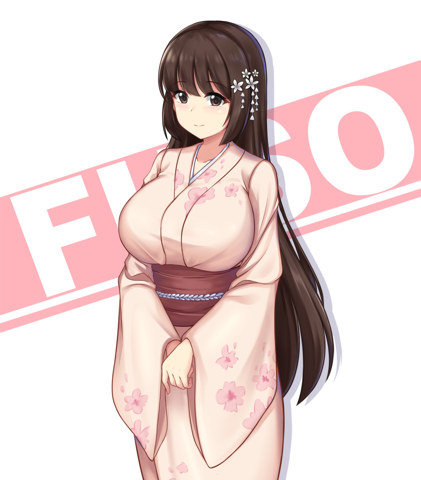 absurdres black_eyes black_hair breasts cherry_blossom_print female floral_print flower fusou_(warship_girls_r) hair_flower hair_ornament highres japanese_clothes kimono large_breasts long_hair painttool_sai_(medium) smile solo warship_girls_r xiao_qi