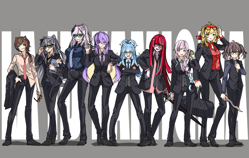 6+girls adjusting_clothes adjusting_necktie airani_iofifteen alternate_costume anya_melfissa ayunda_risu blonde_hair blue_hair braid brown_hair elbow_on_another's_shoulder eyewear_on_head formal grey_hair hand_in_own_hair highres hololive hololive_indonesia kaela_kovalskia kobo_kanaeru kureiji_ollie long_hair moona_hoshinova multiple_girls necktie pavolia_reine pink_hair purple_hair raikkonen red_hair suit sunglasses sword tablet_pc tinted_eyewear unworn_eyewear vestia_zeta virtual_youtuber weapon