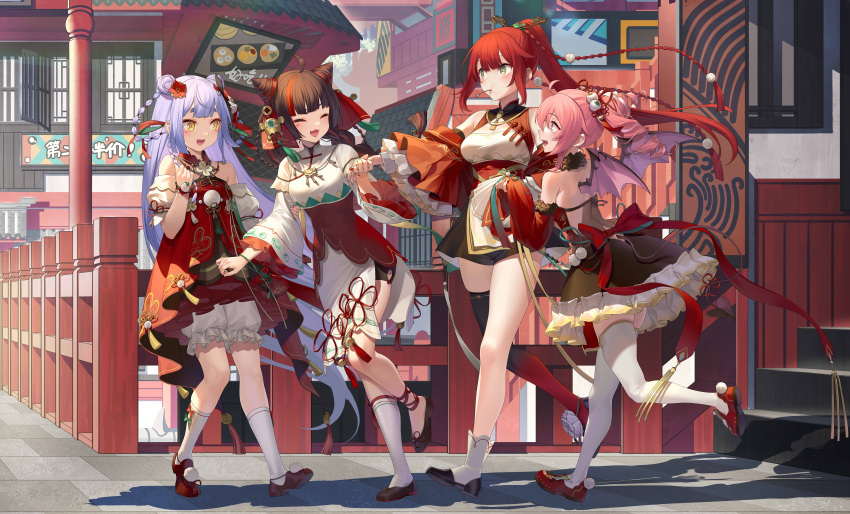 4girls absurdres ahoge asymmetrical_legwear azusa_(vtuber) azusa_official bat_wings black_footwear black_legwear bloomers blue_hair blush braid breasts brown_hair chaoslive chinese_clothes chinese_new_year chucolala closed_eyes commentary_request cone_hair_bun demon_tail demon_wings detached_sleeves double_bun dress drill_hair flower_knot frostcyco full_body gradient_legwear green_eyes hair_bun hand_up happy highres hiseki_erio holding_hands incredibly_absurdres kero_(vtuber) kero_official kneehighs long_hair long_sleeves medium_breasts mismatched_legwear multicolored_hair multiple_girls nijisanji official_art open_mouth pink_hair pom_pom_(clothes) ponytail red_dress red_footwear red_hair red_legwear red_theme shadow shoes skindentation skirt sleeves_past_fingers sleeves_past_wrists smile socks stairs streaked_hair tail thighhighs two-tone_hair underwear very_long_hair virtual_youtuber virtuareal wase_(vtuber) white_bloomers white_legwear wings