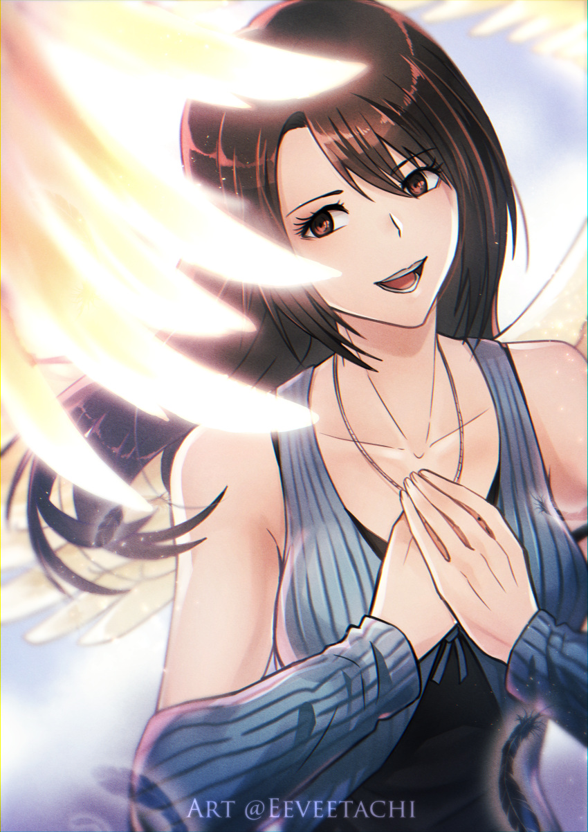 absurdres arm_warmers black_hair blue_arm_warmers breasts brown_eyes brown_hair eeveetachi female final_fantasy final_fantasy_viii highres jewelry long_hair looking_at_viewer necklace open_mouth rinoa_heartilly sleeveless_duster smile solo wings