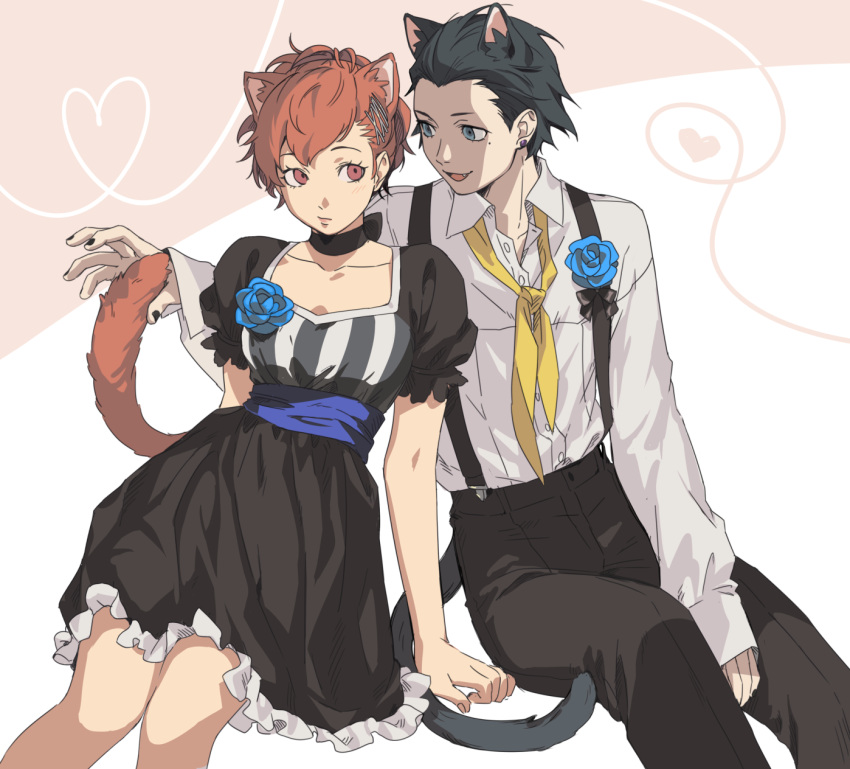 1boy animal_ears black_choker black_dress black_hair black_nails black_pants blue_eyes blue_flower blue_rose brown_hair cat_boy cat_ears cat_girl cat_tail choker closed_mouth dress extra_ears female flower frilled_dress frills hair_ornament hairclip heart highres mochizuki_ryouji nail_polish neckerchief neekosiah oerba_yun_fang open_mouth pants persona persona_3 persona_3_portable red_eyes rose shiomi_kotone shirt simple_background sitting straight suspenders tail two-tone_background white_shirt yellow_neckerchief