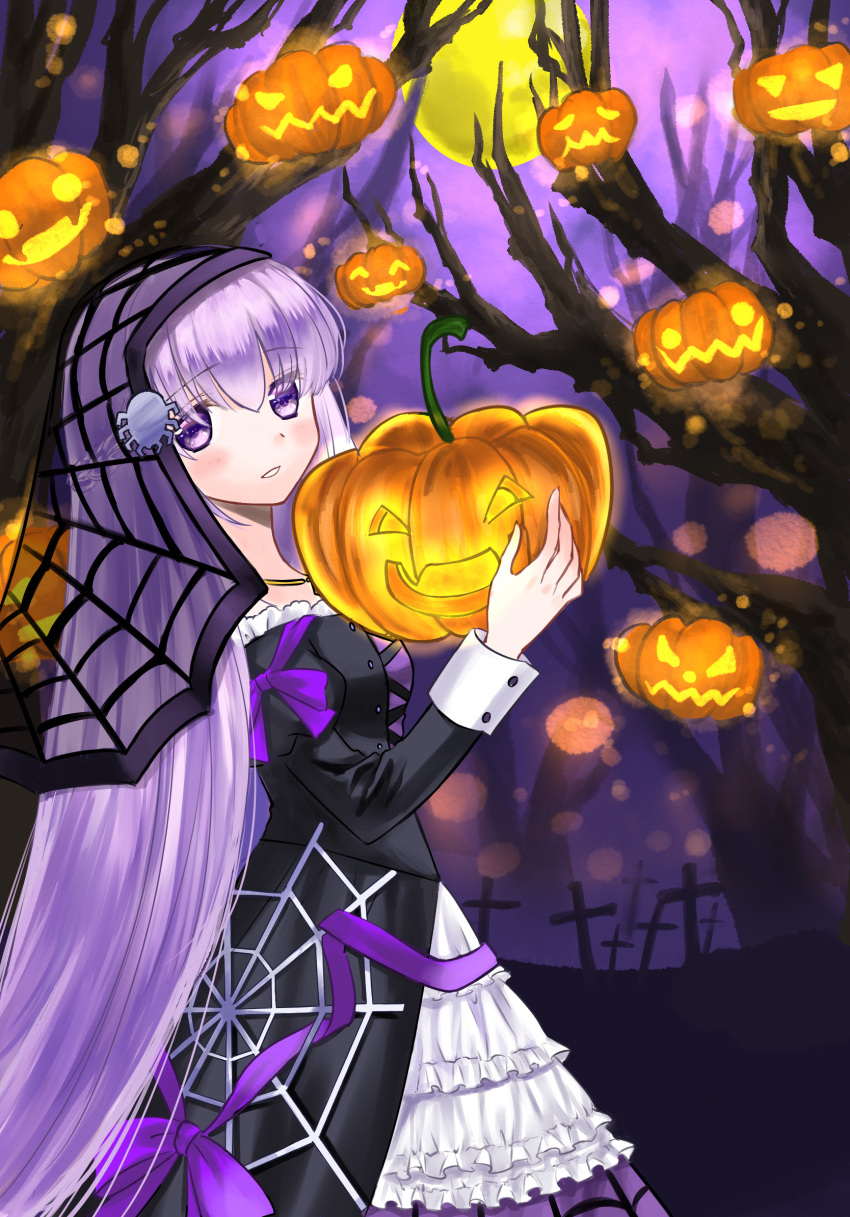 74 alternate_costume black_dress bright_pupils bug commission dress female fire_emblem fire_emblem:_the_binding_blade fire_emblem_heroes food halloween halloween_costume happy_halloween highres holding holding_food holding_pumpkin holding_vegetable jack-o'-lantern lolita_fashion long_hair long_sleeves looking_at_viewer official_alternate_costume pixiv_commission pumpkin purple_eyes purple_hair smile sophia_(fire_emblem) sophia_(halloween)_(fire_emblem) spider vegetable veil very_long_hair