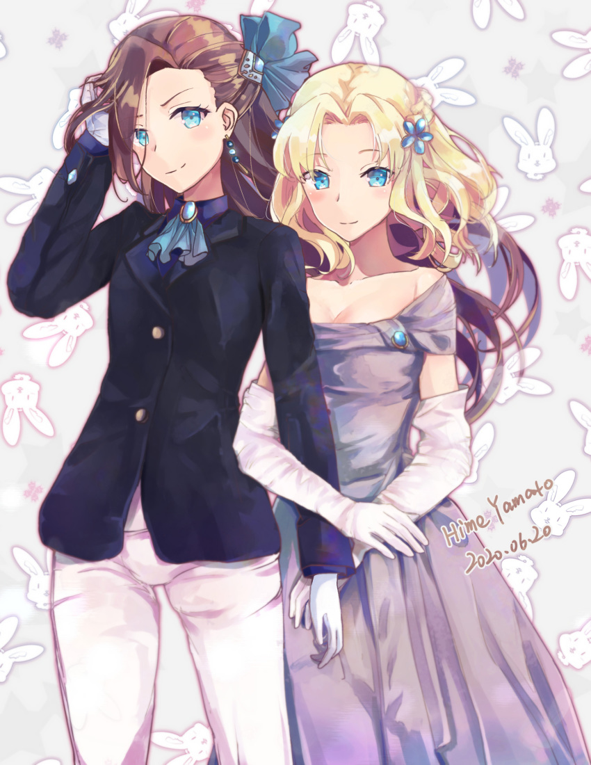 2girls blonde_hair blue_bow blue_eyes bow brown_hair commentary dress formal gloves hairbow highres himeyamato jewelry katarina_claes long_hair looking_at_viewer maria_campbell multiple_girls otome_game_no_hametsu_flag_shika_nai_akuyaku_reijou_ni_tensei_shite_shimatta purple_dress self-upload smile suit white_gloves