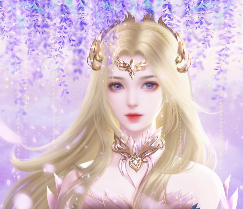 bare_shoulders blonde_hair blue_eyes choker douluo_dalu dress expressionless female flower hair_ornament highres long_hair looking_at_viewer purple_background qian_renxue_(douluo_dalu) solo upper_body white_dress wisteria zhu_zai_bamboos