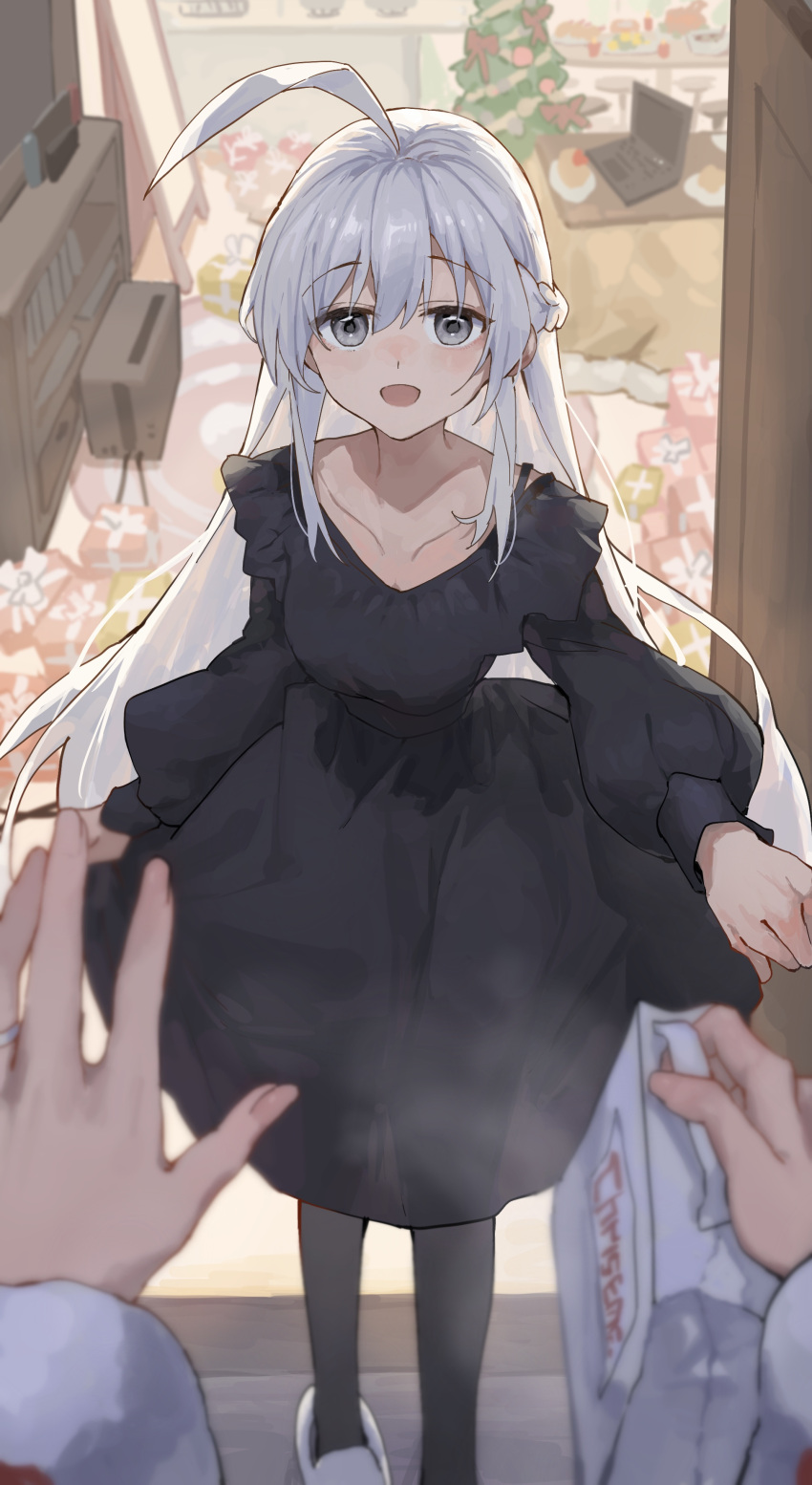 1other absurdres ahoge black_dress black_pantyhose blurry blurry_background box braid collarbone computer dress female gift gift_box grey_eyes grey_hair hair_between_eyes highres ichido_dake_demo_koukai_shitemasu kotatsu laptop long_hair long_sleeves looking_at_viewer mirror open_mouth pantyhose puffy_long_sleeves puffy_sleeves ritsuka_hara sentter slippers smile solo_focus table white_footwear