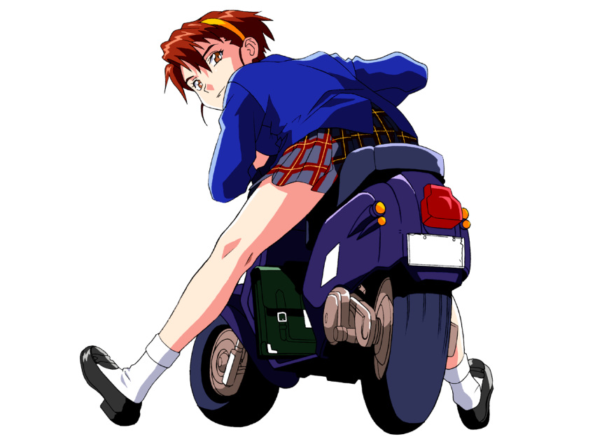 1990s_(style) brown_eyes brown_hair female hairband looking_at_viewer looking_back mary_janes motor_vehicle plaid plaid_skirt retro_artstyle school_uniform scooter shoes skirt takiguchi_shouko white_legwear yamada_masaki zenkoku_seifuku_bishoujo_grand_prix