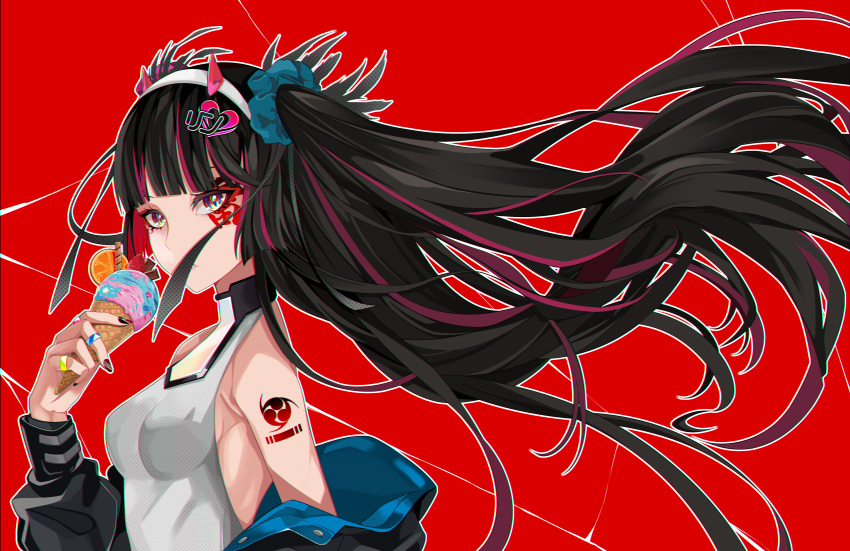 absurdres bad_id bad_pixiv_id black_hair blunt_bangs derivative_work facial_mark female floating_hair food fruit highres ice_cream long_hair multicolored_eyes multicolored_hair oni orange_(fruit) red_background red_hair reirei_studio simple_background solo streaked_hair suzuhana_rin two_side_up virtual_youtuber yuuta_(yuuta0312)