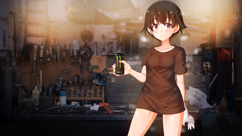 absurdres aquaegg bangs black_shirt blush breasts brown_eyes brown_hair can casual closed_mouth collarbone commentary covered_navel drink eyebrows_visible_through_hair female girls_und_panzer gloves gloves_removed highres holding holding_can holding_clothes holding_drink holding_gloves indoors looking_at_viewer monster_energy nakajima_(girls_und_panzer) no_pants photo_background shiny shiny_hair shiny_skin shirt short_hair short_sleeves small_breasts smile solo standing sweat t-shirt twitter_username wet white_gloves workshop