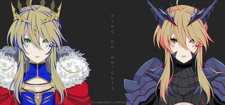 2girls absurdres armor artoria_pendragon_(fate) artoria_pendragon_(lancer)_(fate) artoria_pendragon_(lancer_alter)_(fate) bad_id bad_pixiv_id blonde_hair braid braided_bun cape cleavage_cutout clothing_cutout crown english_text fate/grand_order fate_(series) fur-trimmed_cape fur_trim green_eyes grey_background hair_between_eyes hair_bun highres multiple_girls open_mouth shoulder_armor sidelocks simple_background turtleneck yellow_eyes yuuta_(yuuta0312)