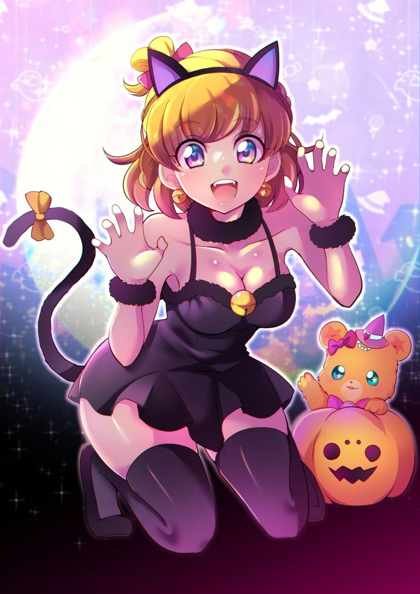 absurdres animal_ear_fluff animal_ears asahina_mirai bear black_choker black_dress black_thighhighs blush breasts cat_ears cat_tail choker cleavage dress earrings fake_animal_ears fake_tail fangs female full_moon halloween halloween_costume highres jewelry jingle_bell_earrings kneeling looking_at_viewer mahou_girls_precure! medium_breasts mitsuki_tayura mofurun_(mahou_girls_precure!) moon night oerba_yun_fang open_mouth precure pumpkin scrunchie sleeveless sleeveless_dress star_(symbol) star_in_eye symbol_in_eye tail thighhighs