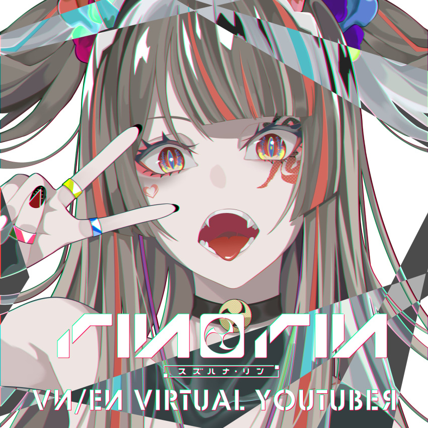 blunt_bangs close-up derivative_work english_text fangs female highres multicolored_eyes multicolored_hair nail_polish open_mouth reirei_studio simple_background solo suzuhana_rin teeth tongue tongue_out two_side_up upper_teeth_only virtual_youtuber white_background yuuta_(yuuta0312)