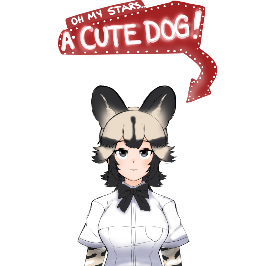 african_wild_dog_(kemono_friends) african_wild_dog_print animal_ears animal_print arms_at_sides arrow_(symbol) black_hair bow bowtie breast_pocket closed_mouth dog_ears english_text expressionless extra_ears female grey_eyes grey_hair highres kemono_friends layered_sleeves long_sleeves looking_at_viewer medium_hair multicolored_hair nanoder pocket print_sleeves shirt short_over_long_sleeves short_sleeves sign simple_background solo two-tone_hair upper_body white_shirt