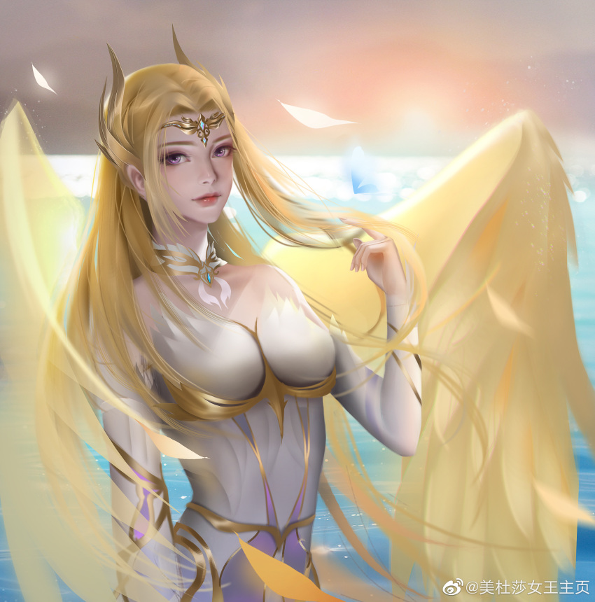 angel_wings bare_shoulders blonde_hair cloud cloudy_sky douluo_dalu dress female hair_ornament highres mei_du_sha_nuwang_zhuye ocean qian_renxue_(douluo_dalu) sky smile solo sunset water white_dress wings yellow_wings