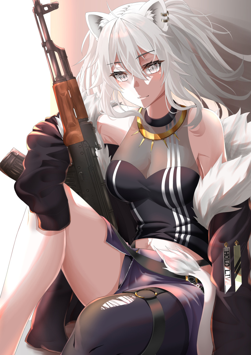 absurdres ahoge ak-47 akm animal_ears assault_rifle bare_shoulders black_jacket black_pantyhose black_shirt breasts cleavage closed_mouth cropped_shirt ear_piercing eyelashes female fur-trimmed_jacket fur_trim grey_eyes grey_hair grey_skirt gun hair_between_eyes highres hololive jacket jewelry kalashnikov_rifle large_breasts light_smile lion_ears lion_girl lion_tail long_hair looking_at_viewer miniskirt necklace o-ring o-ring_thigh_strap off_shoulder pantyhose piercing rifle ritohasu_0522 see-through see-through_cleavage shirt shishiro_botan shishiro_botan_(1st_costume) sidelocks single_leg_pantyhose sitting skin_tight skirt sleeveless sleeveless_shirt sleeves_past_fingers sleeves_past_wrists solo striped tail thigh_strap torn_clothes torn_pantyhose two_side_up unzipped vertical_stripes virtual_youtuber weapon zipper_skirt