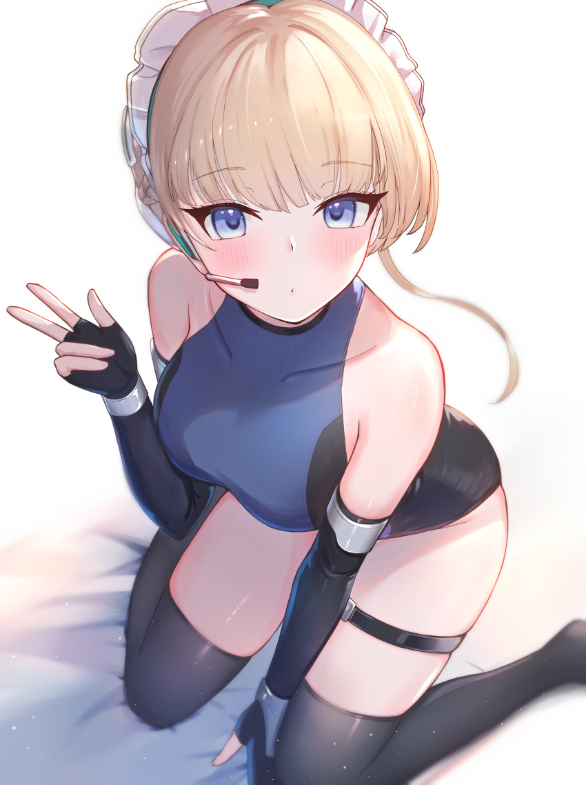 :o absurdres arm_support bare_shoulders black_leotard black_socks blonde_hair blue_archive blue_eyes blue_leotard braid breasts earpiece elbow_gloves female fingerless_gloves gloves half_up_braid highleg highleg_leotard highres kneeling large_breasts leotard looking_at_viewer maid_headdress over-kneehighs parted_lips short_hair socks solo thigh_strap thighhighs toki_(blue_archive) tokisaka_makoto w white_background