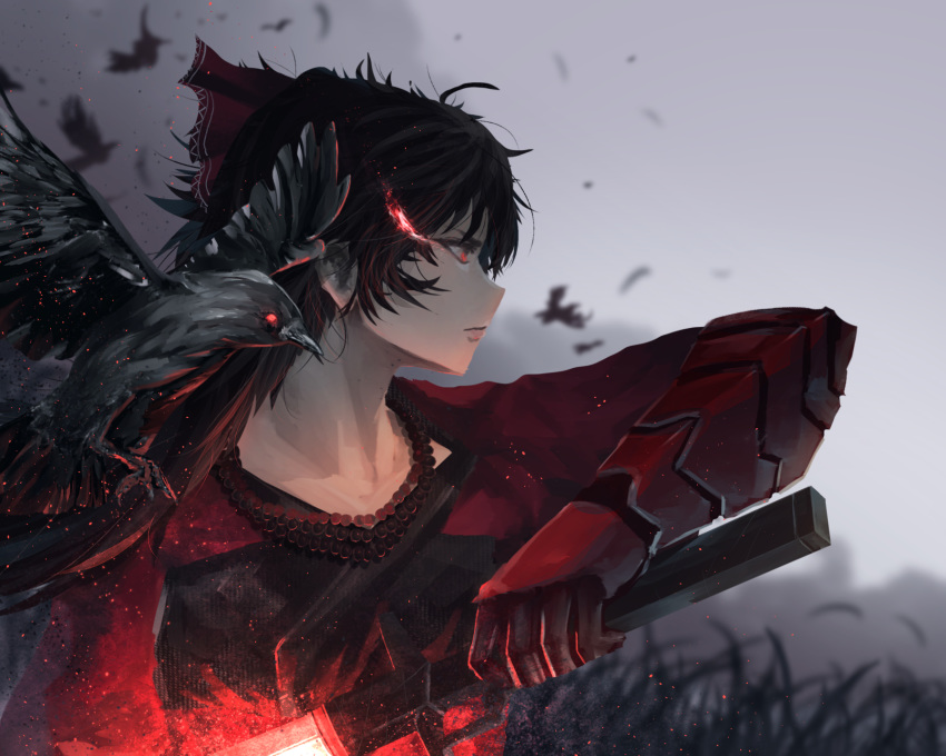 1boy advarcher ahoge animal bead_necklace beads bird black_hair crow expressionless feathers glowing highres jewelry katana long_hair male_focus necklace raven_branwen red_eyes rwby sheath solo spiked_hair sword thighhighs unsheathing weapon zettai_ryouiki